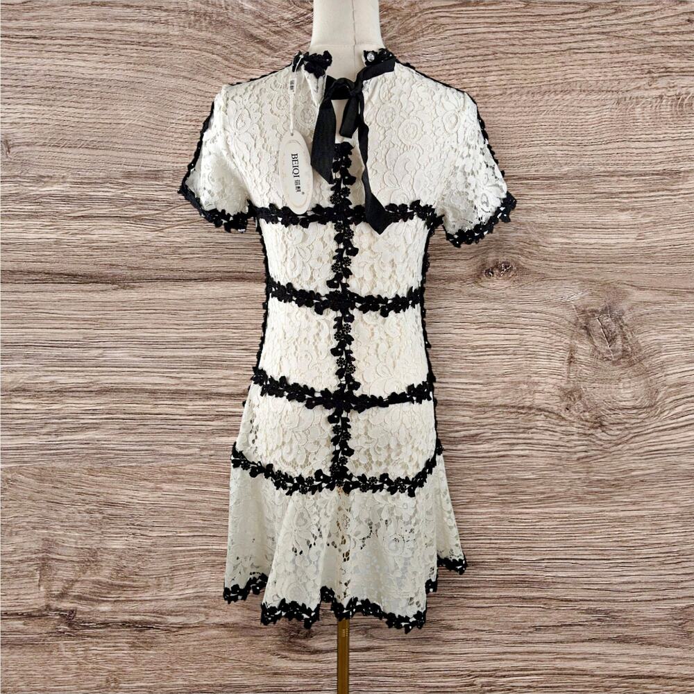 Son Yoon Joo Black White Lace Bows Fitted Pencil Sheer Unlined Dress Coquette - Picture 3 of 8